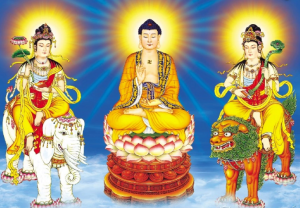 Bồ tát Văn Thù Sự Lợi cưỡi Sư Tử đứng bên trái Phật Thích Ca Mâu Ni trong bức tranh Hoa Nghiêm Tam Thánh