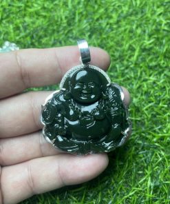 Mặt Phật Di Lặc Ngọc Bích Nephrite bọc bạc 4cm CP1551